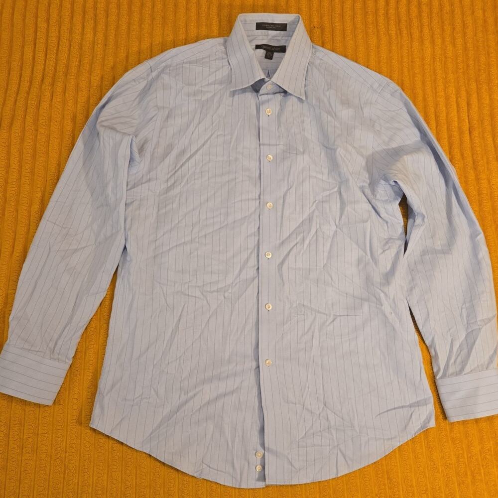 Nordstrom Rack Shirt 15.5 32/33 Trim Fit Non Iron Button Up Striped Blue long sl